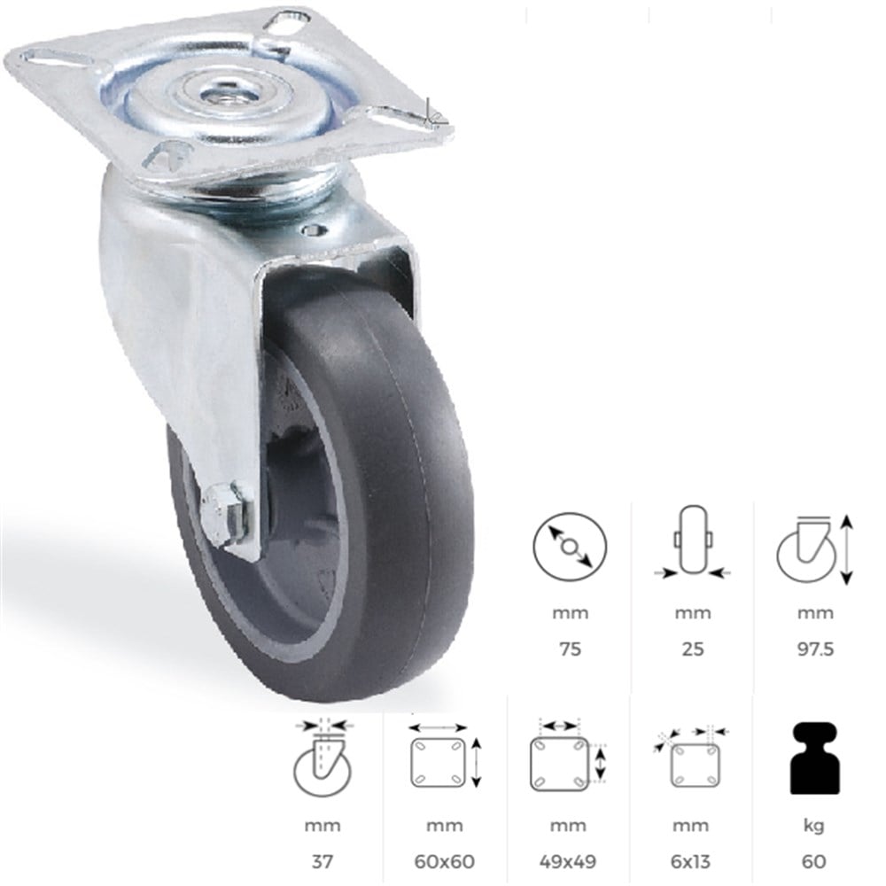 ORTA YÜK TAŞIMA TEKERİ GRİ 75 mm 1702MTB075 