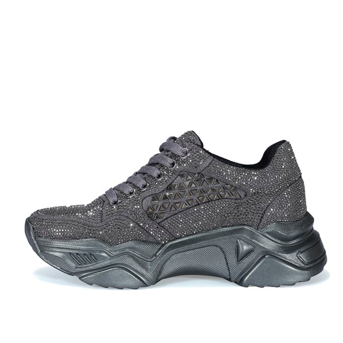 Yüksek Taban Taşlı Gri Kadın Sneaker