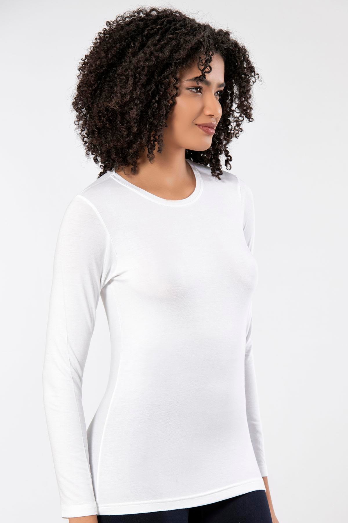 WeWeus Beyaz Kadın Süper İnce Doğal Bambu Lüks Uzun Kol T-Shirt 2314