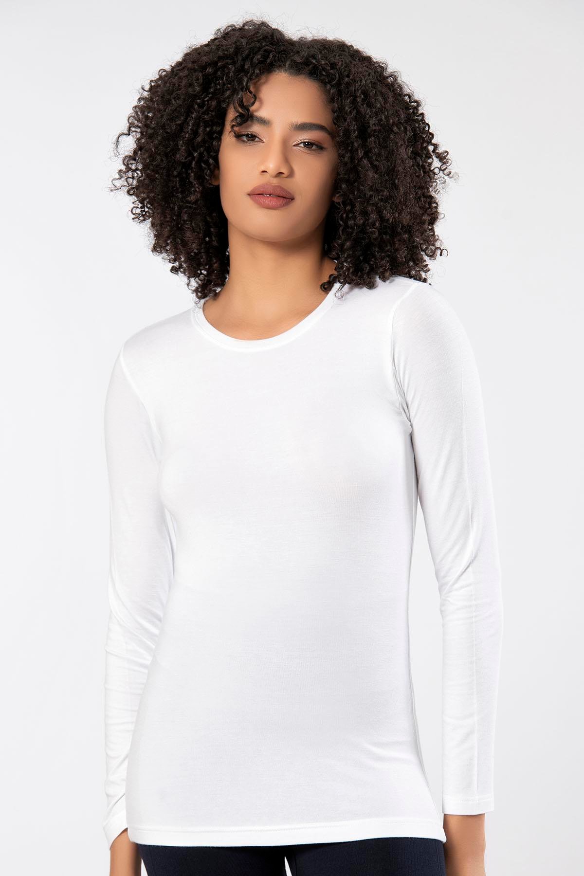 WeWeus Beyaz Kadın Süper İnce Doğal Bambu Lüks Uzun Kol T-Shirt 2314