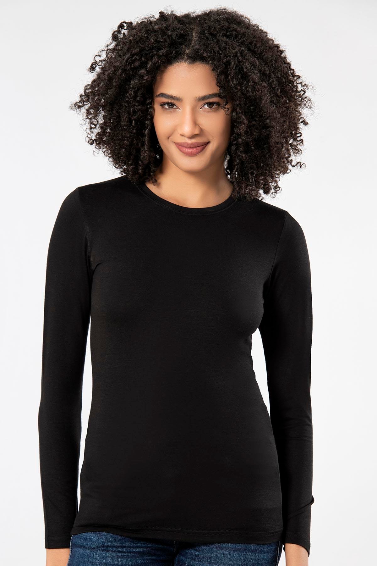 WeWeus Siyah Kadın Süper İnce Doğal Bambu Lüks Uzun Kol T-Shirt 2314