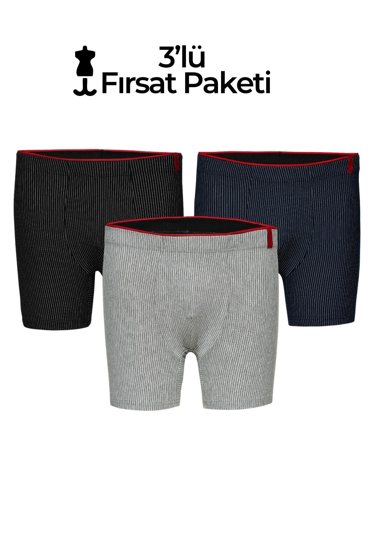 WeWeus Siyah-Lacivert-Gri 3'lü Çizgili Boxer 1492