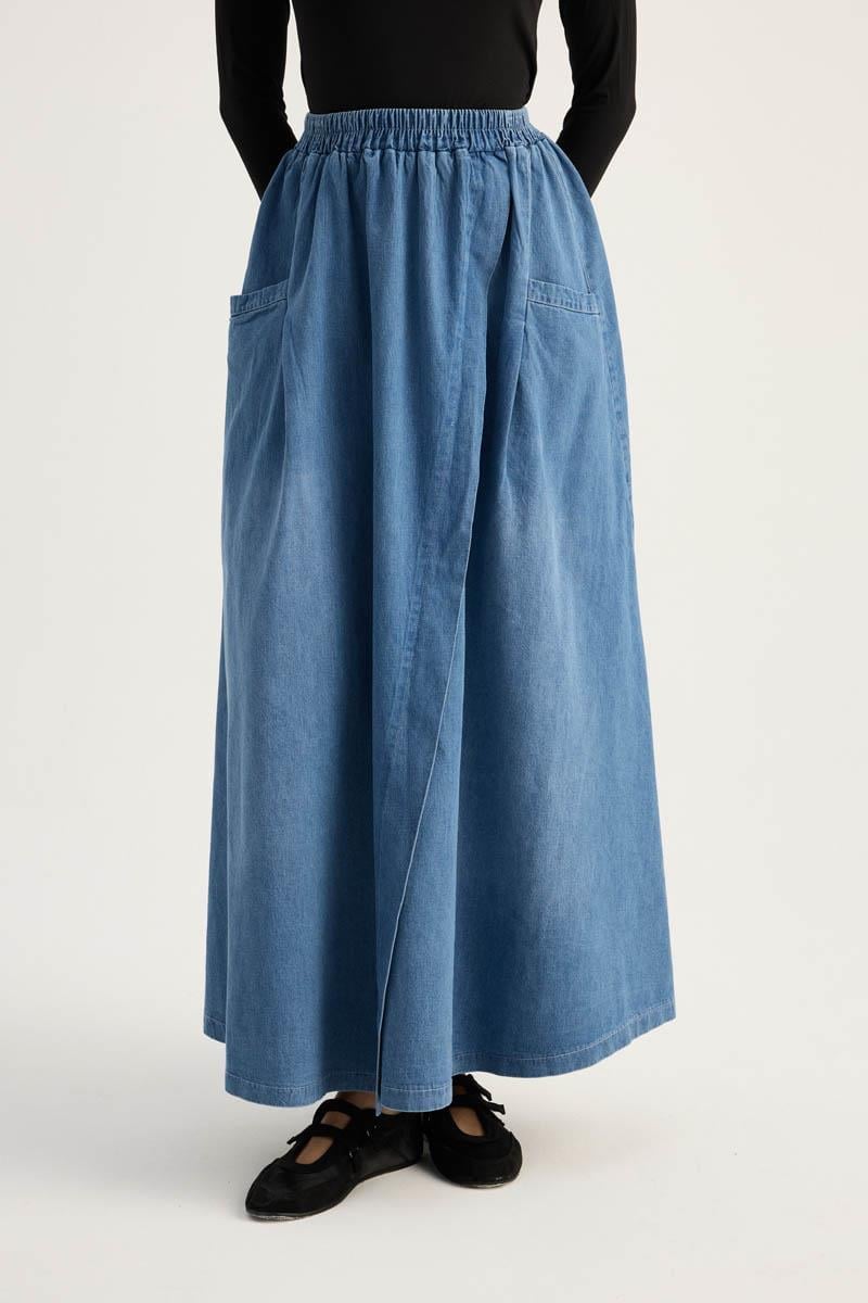 Çapraz Detaylı Denim Etek Mavi