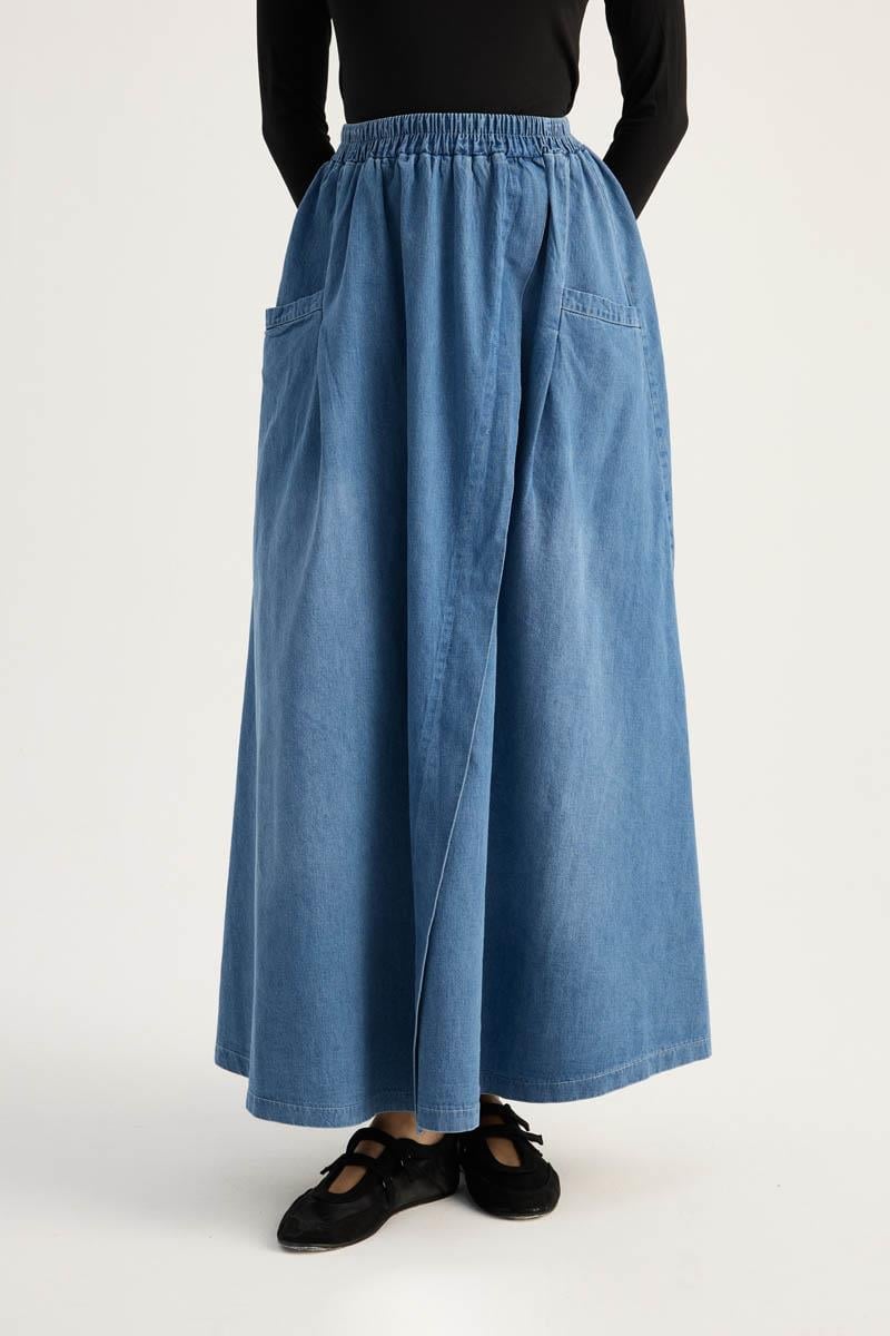 Çapraz Detaylı Denim Etek Mavi