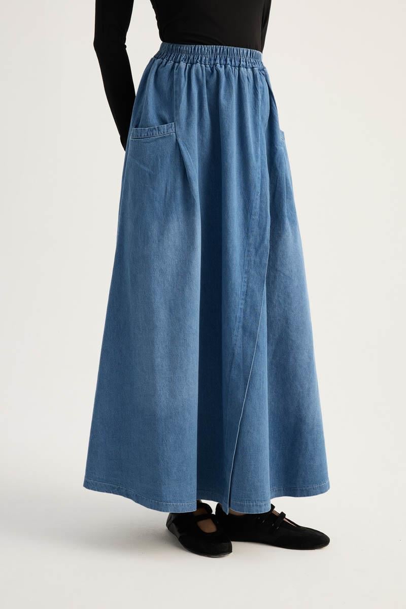 Çapraz Detaylı Denim Etek Mavi