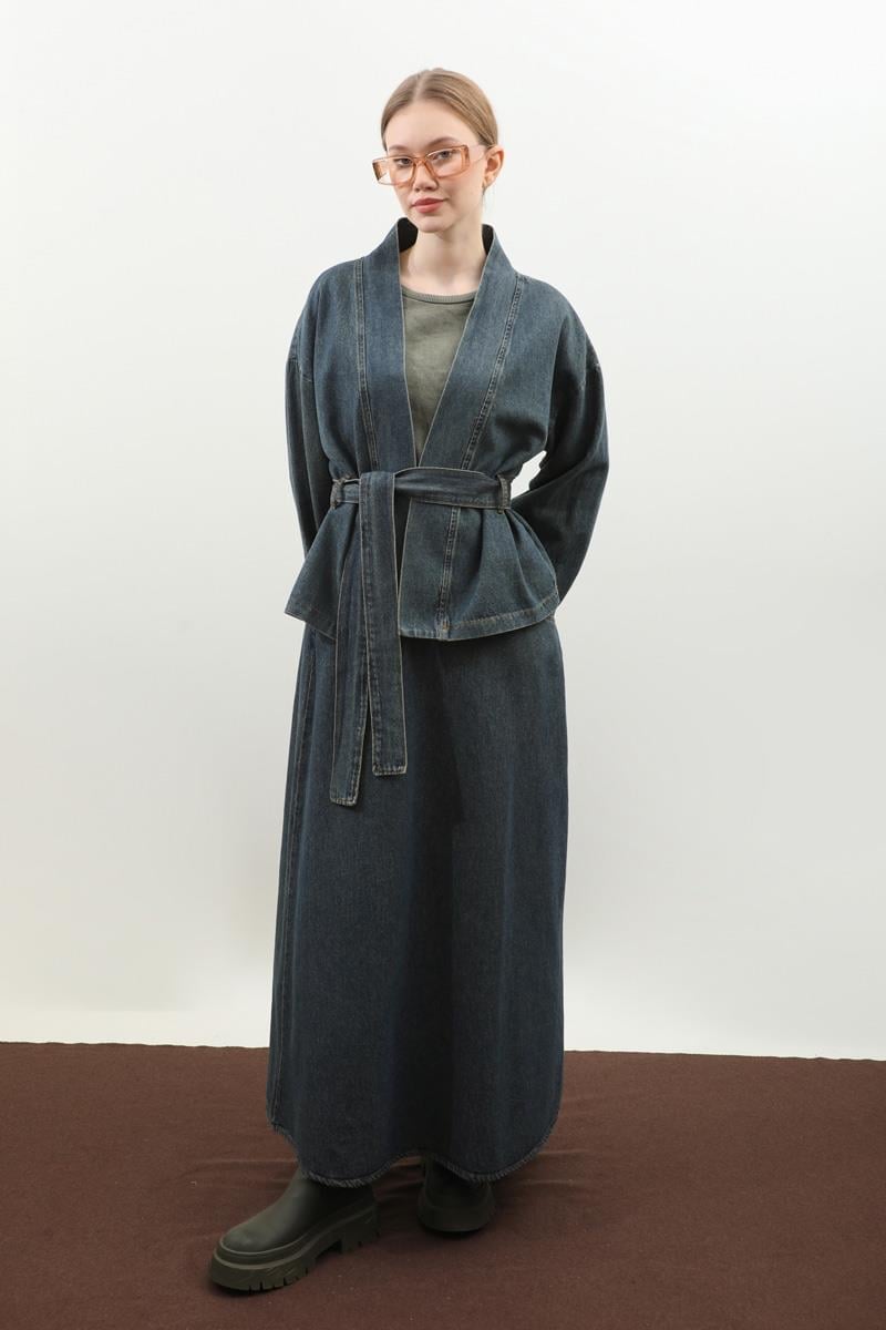 Denim Kimono Etek Takım Mavi