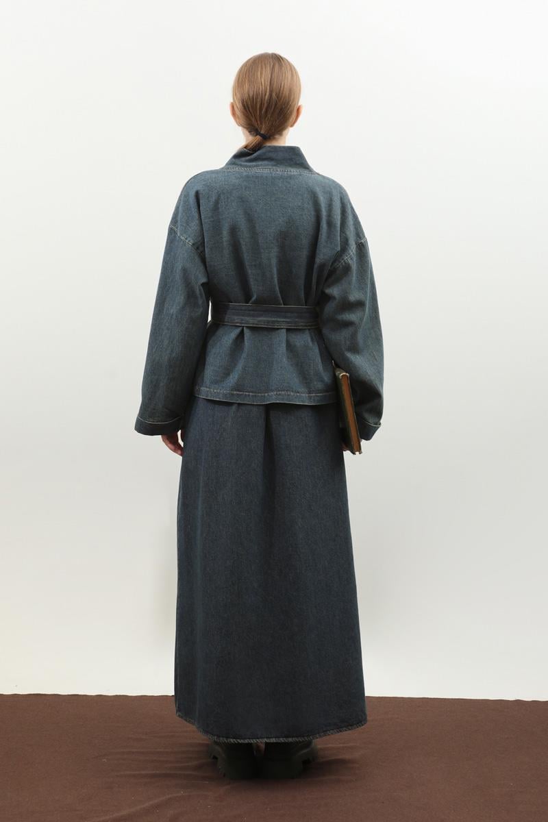 Denim Kimono Etek Takım Mavi