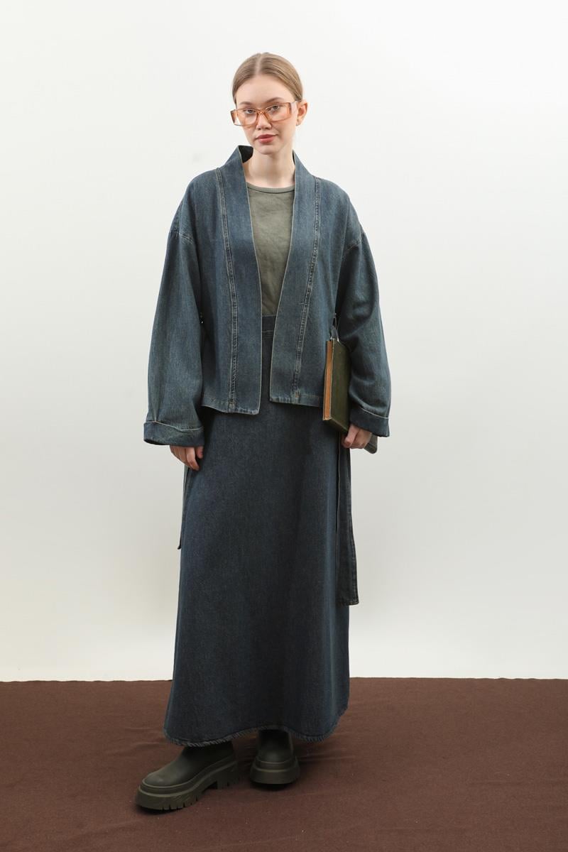 Denim Kimono Etek Takım Mavi