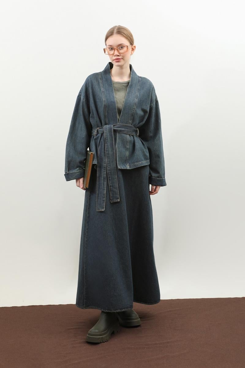 Denim Kimono Etek Takım Mavi