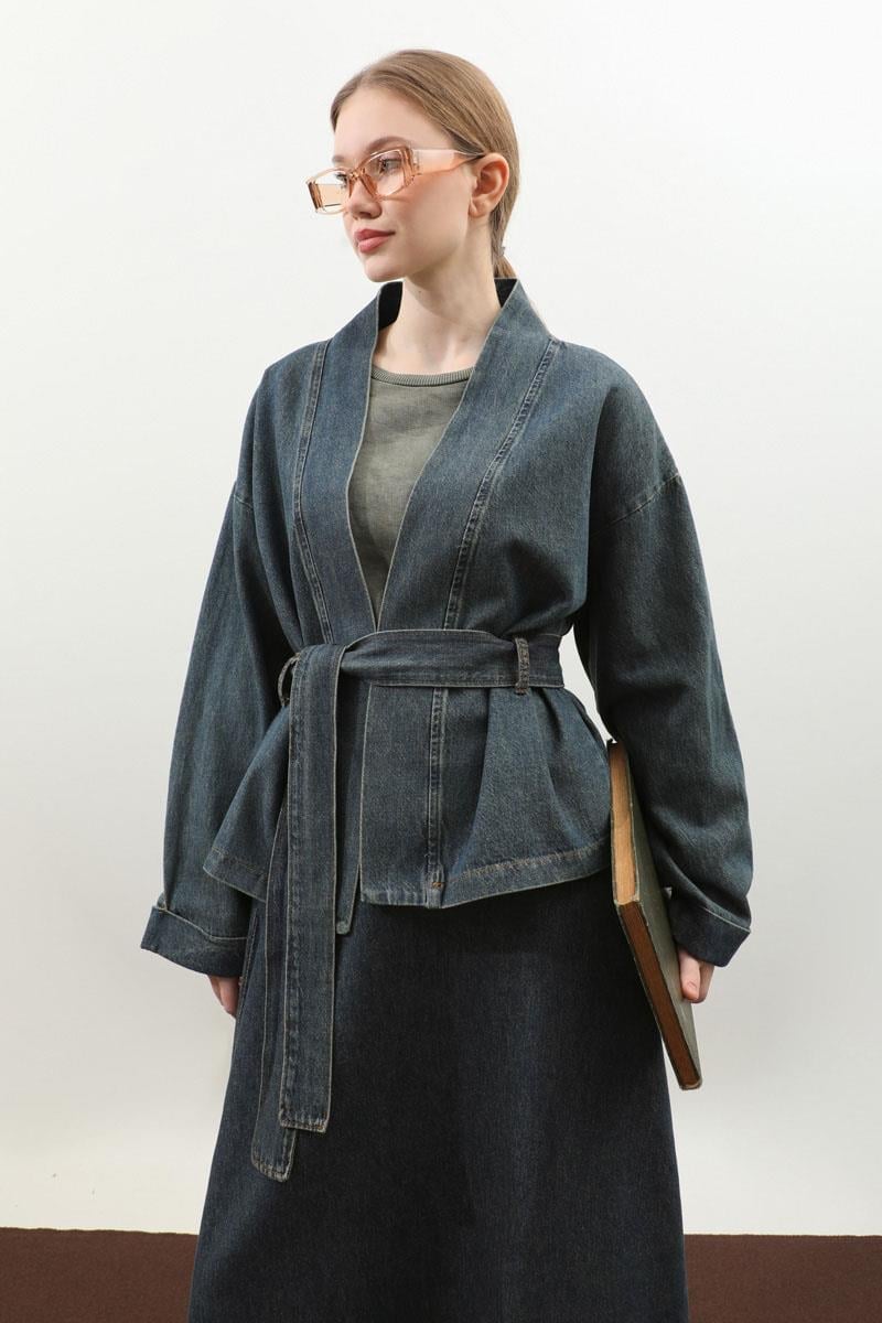 Denim Kimono Etek Takım Mavi