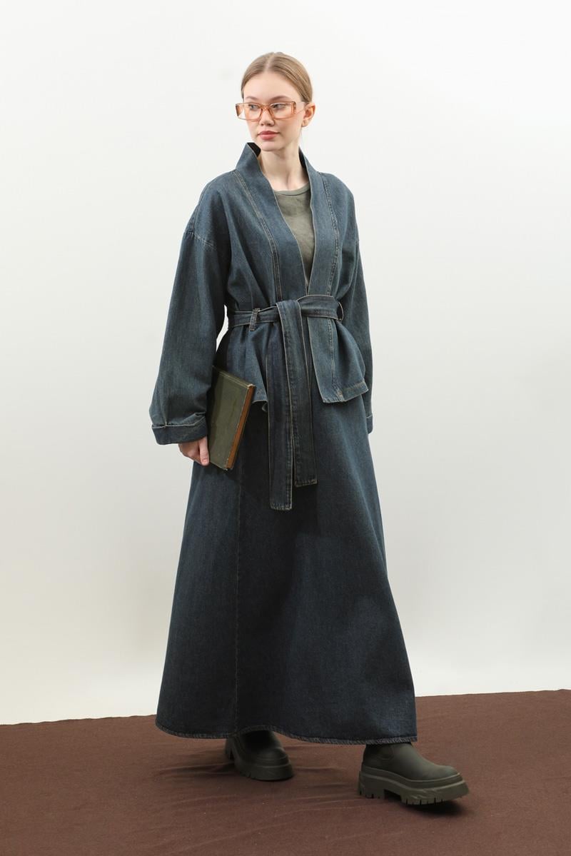 Denim Kimono Etek Takım Mavi
