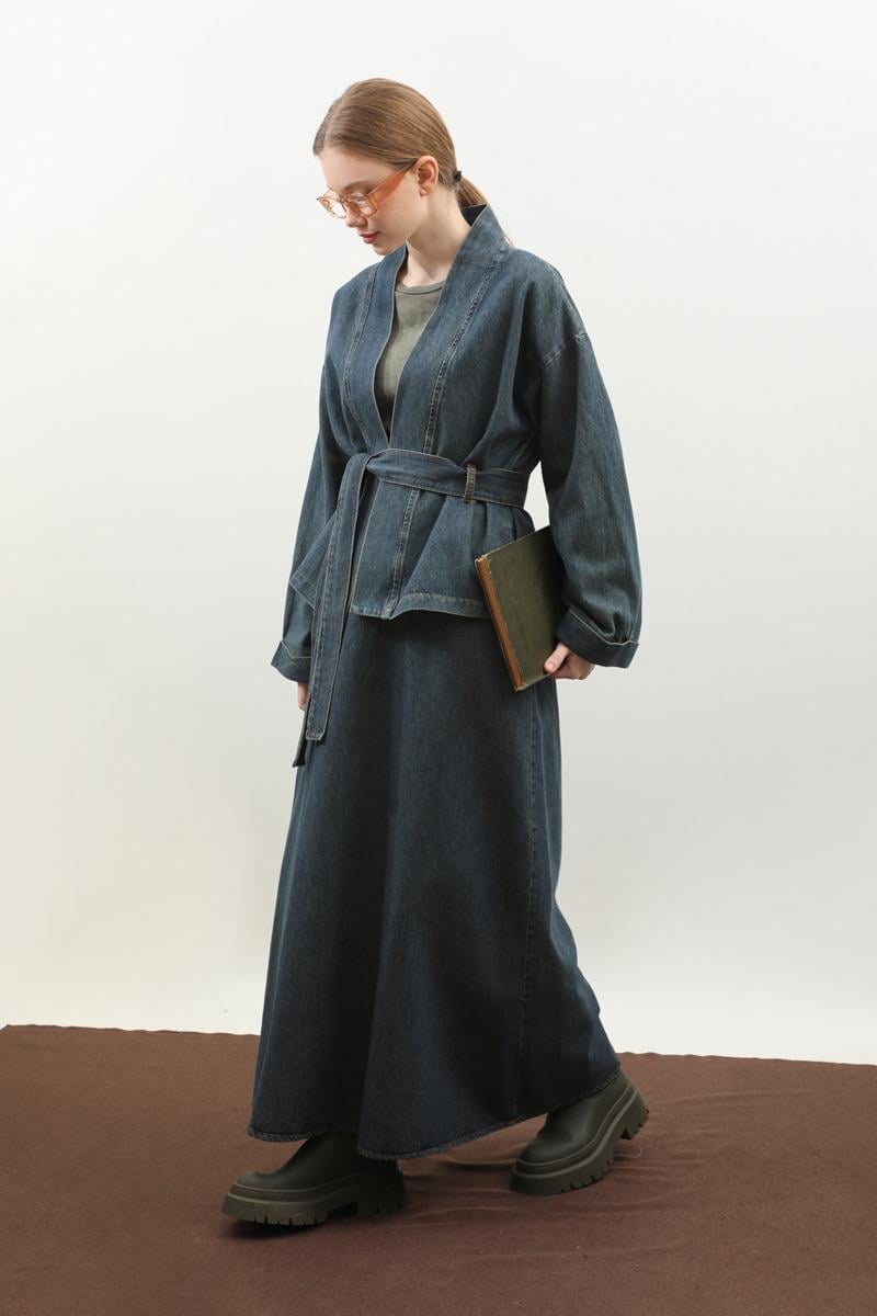 Denim Kimono Etek Takım Mavi