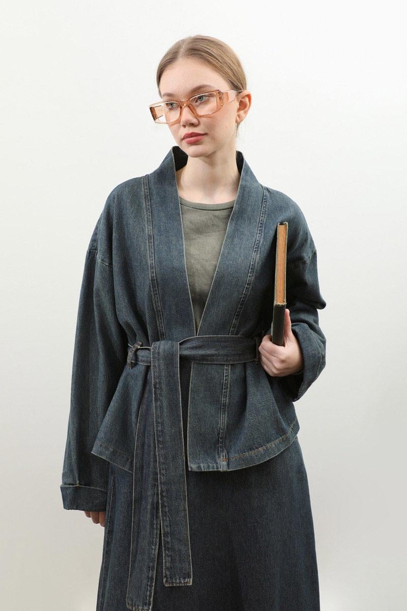 Denim Kimono Etek Takım Mavi