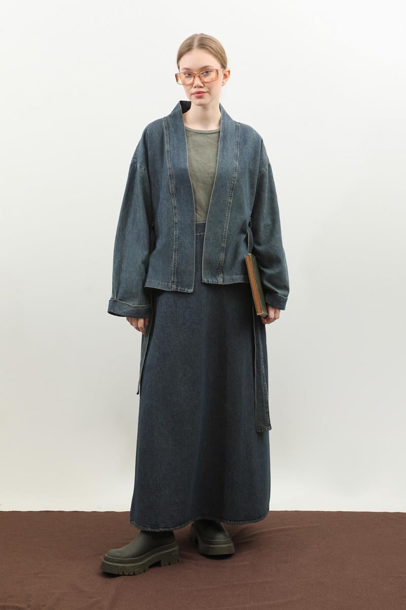 Denim Kimono Etek Takım Mavi