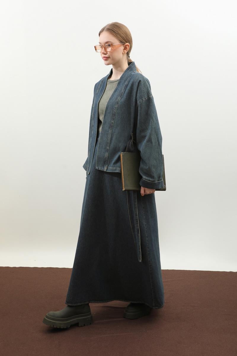 Denim Kimono Etek Takım Mavi