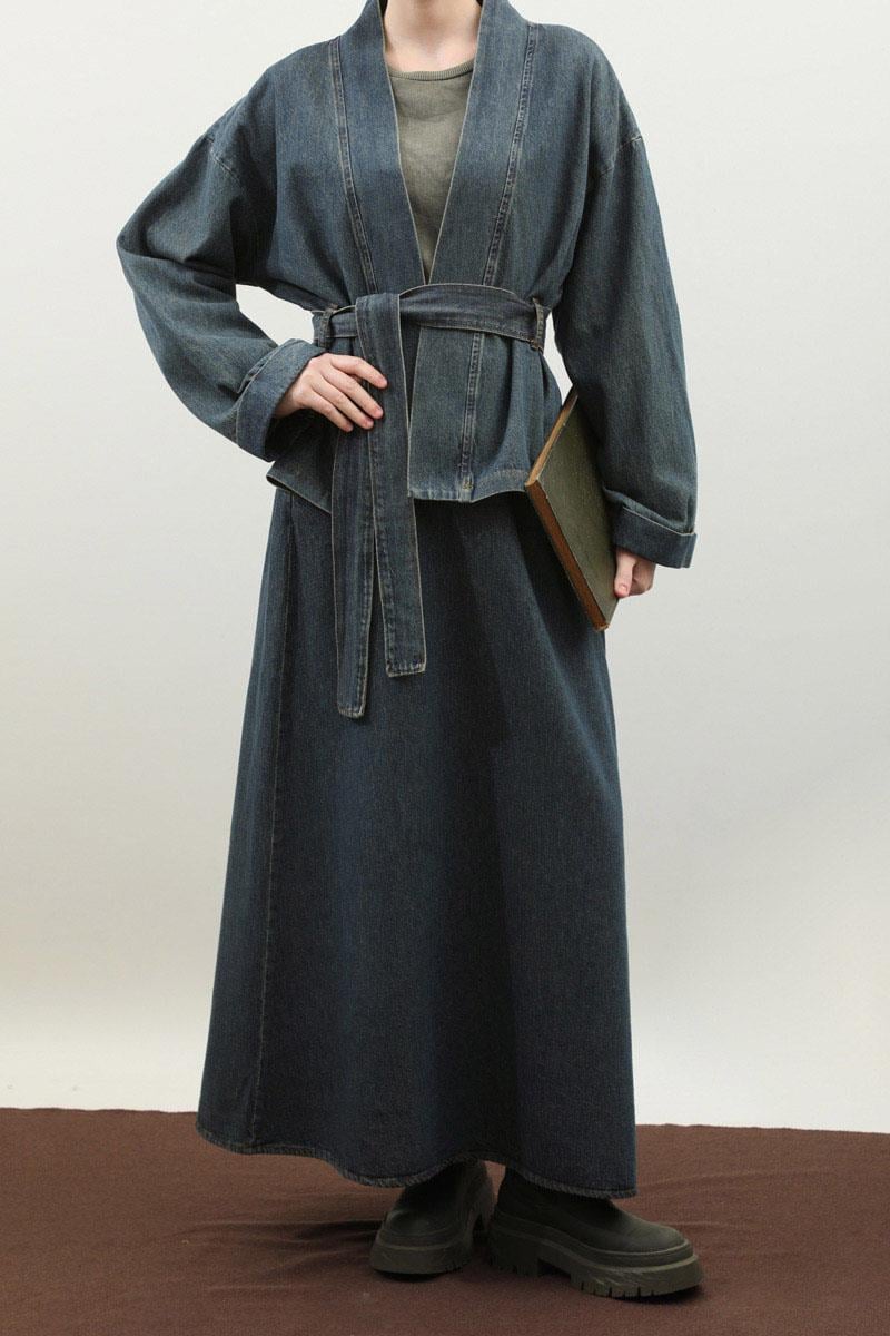 Denim Kimono Etek Takım Mavi
