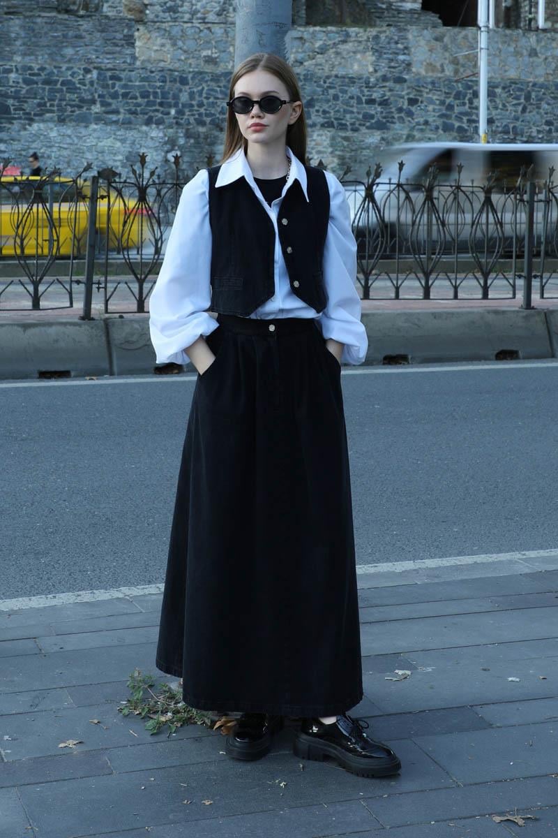 Düğmeli Denim Etek Siyah
