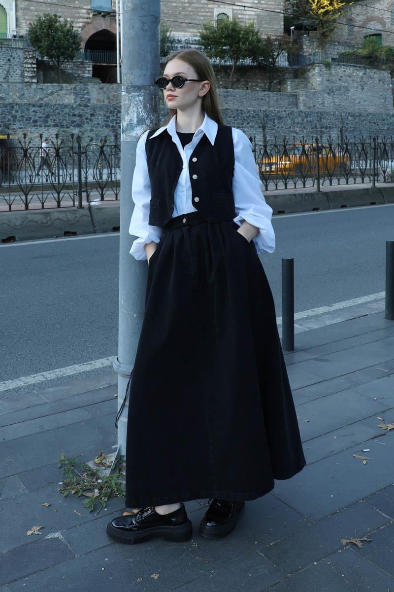 Düğmeli Denim Etek Siyah