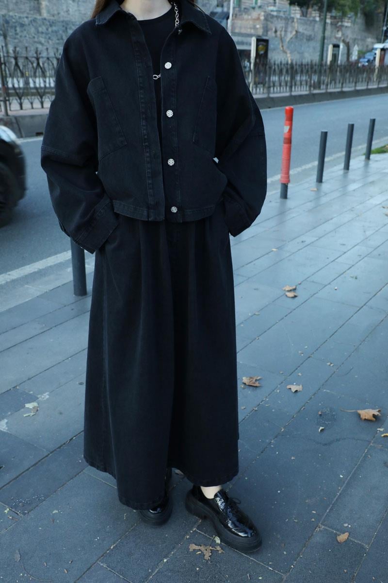 Düğmeli Denim Etek Siyah