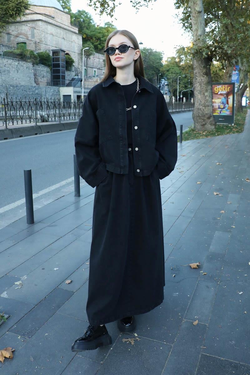 Düğmeli Denim Etek Siyah