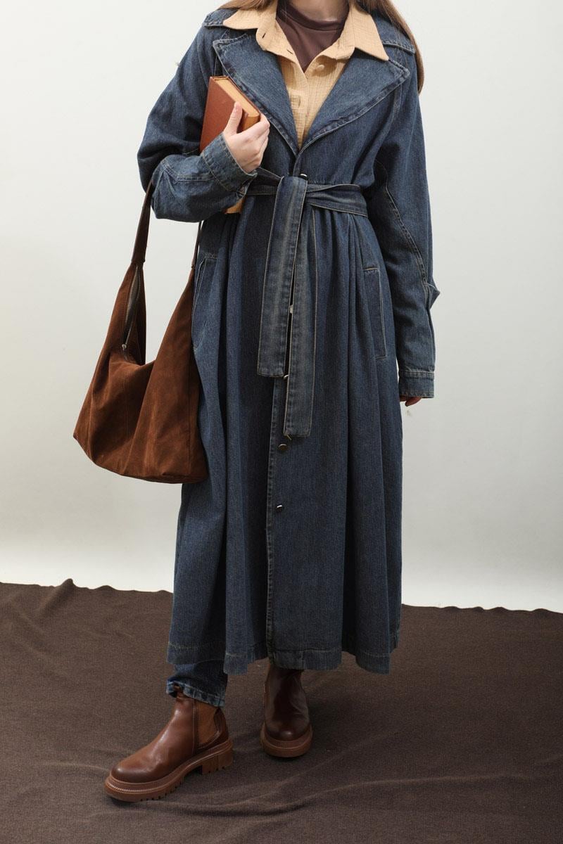 Düğmeli Salaş Denim Trençkot Koyu Mavi