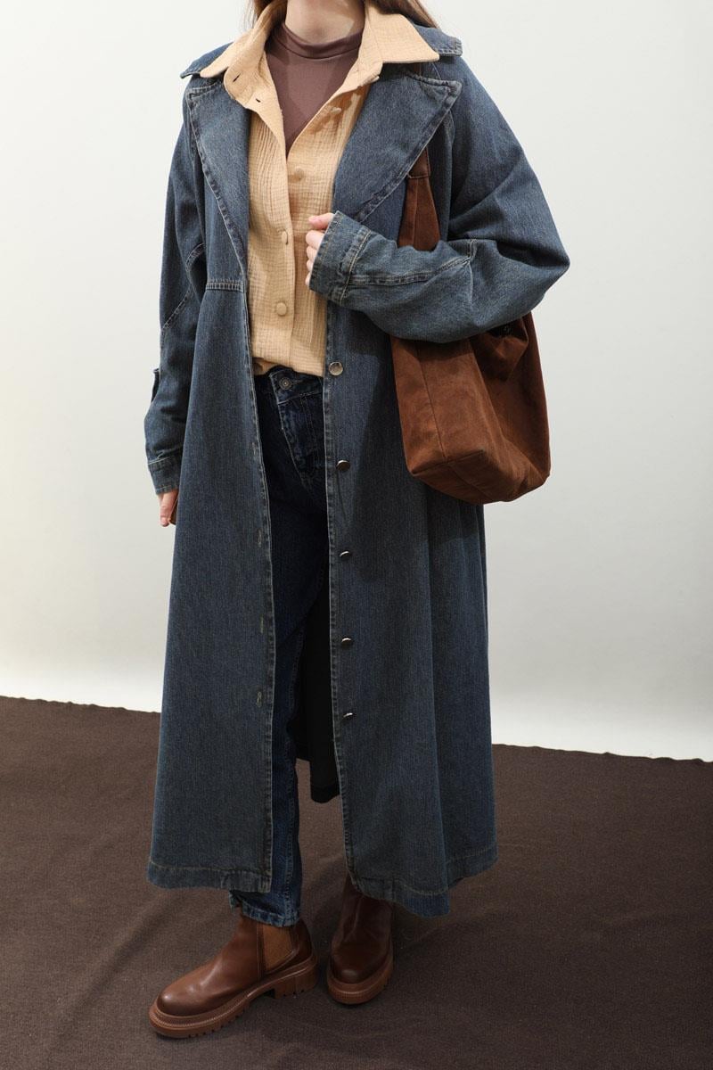 Düğmeli Salaş Denim Trençkot Koyu Mavi