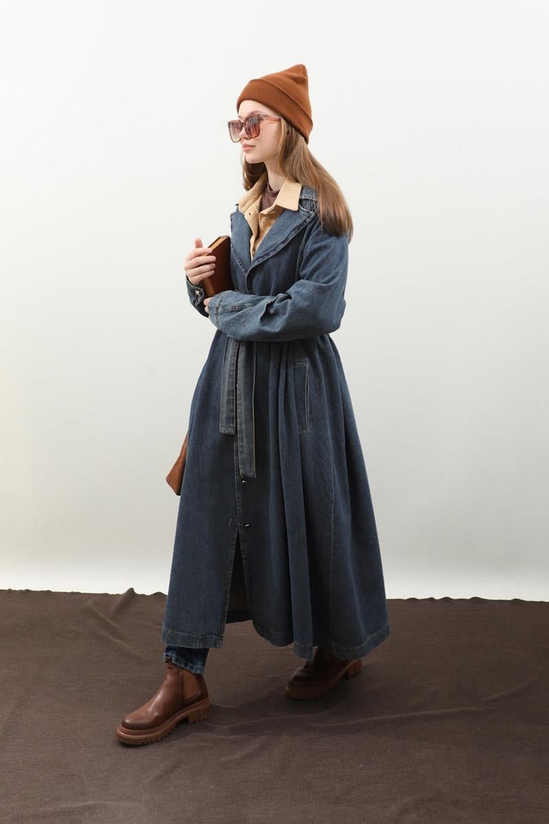 Düğmeli Salaş Denim Trençkot Koyu Mavi