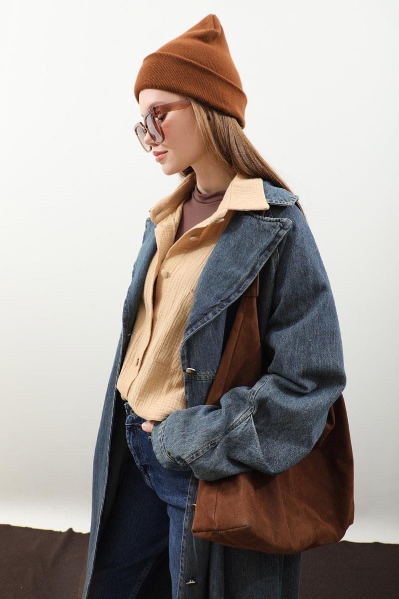 Düğmeli Salaş Denim Trençkot Koyu Mavi