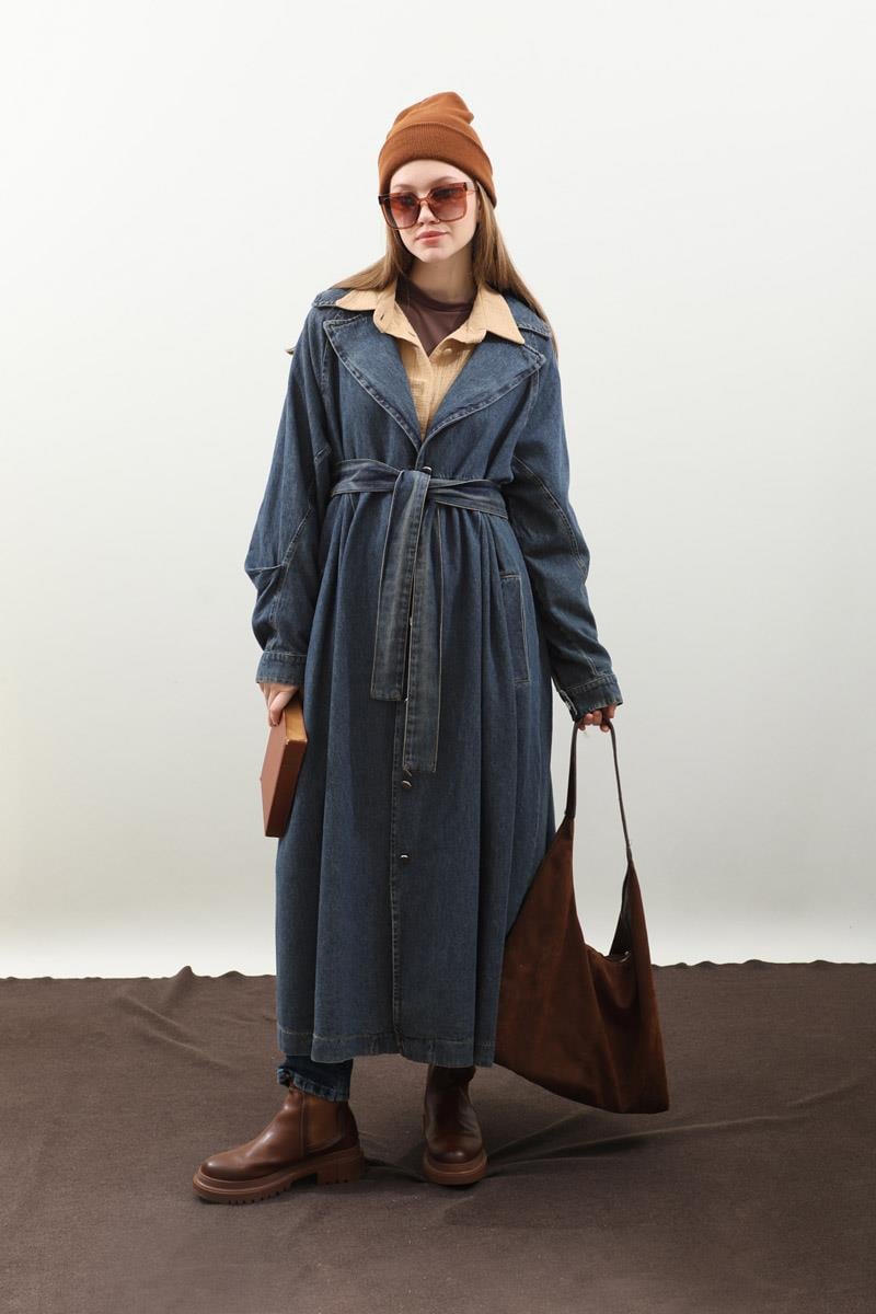 Düğmeli Salaş Denim Trençkot Koyu Mavi