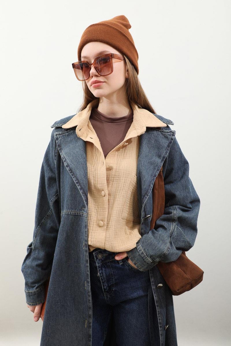 Düğmeli Salaş Denim Trençkot Koyu Mavi