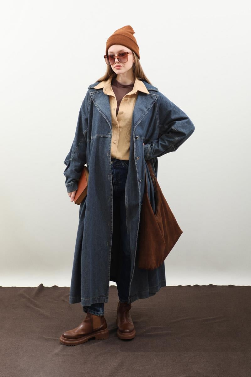 Düğmeli Salaş Denim Trençkot Koyu Mavi