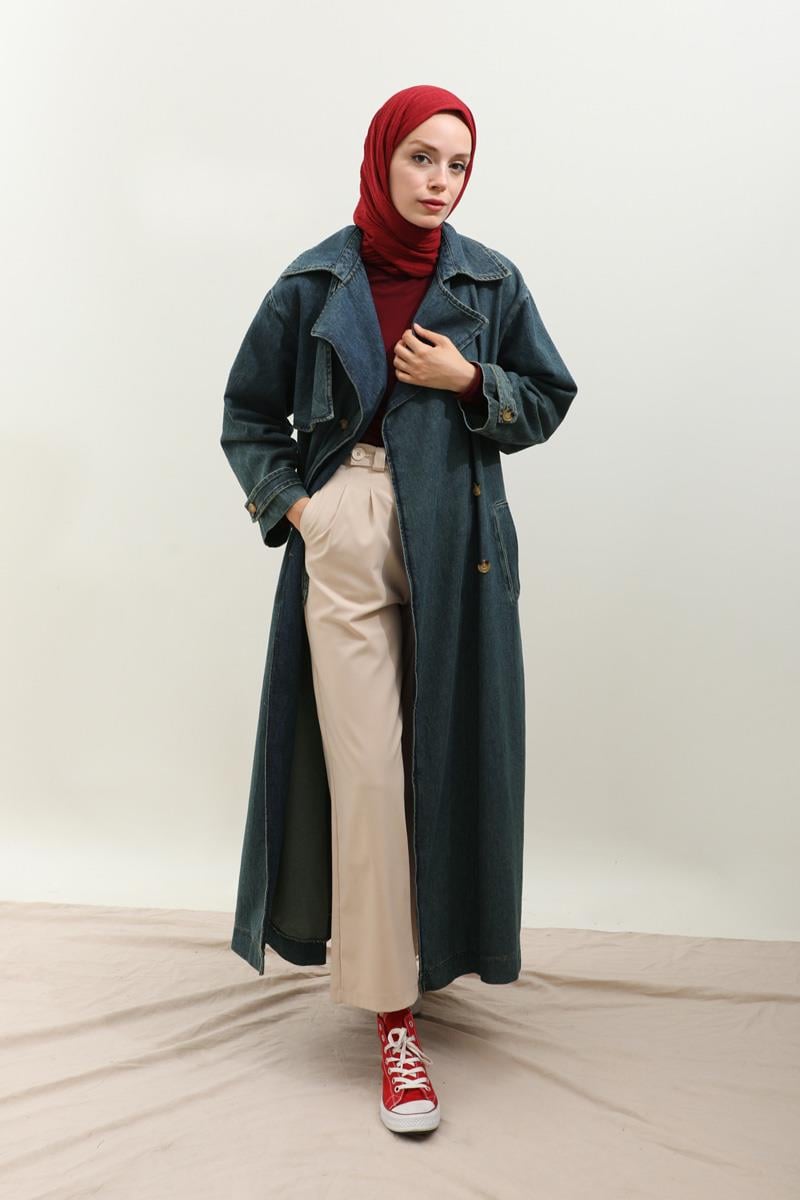 Oversize Denim Trençkot Koyu Mavi