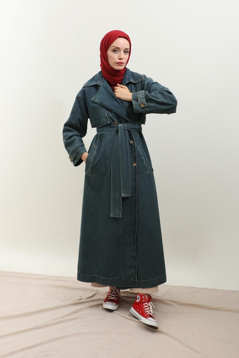 Oversize Denim Trençkot Koyu Mavi