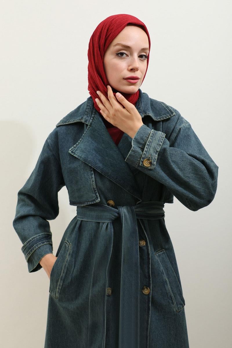Oversize Denim Trençkot Koyu Mavi