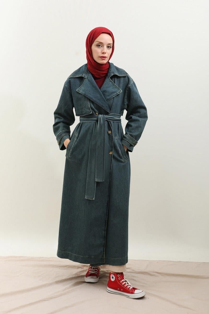 Oversize Denim Trençkot Koyu Mavi