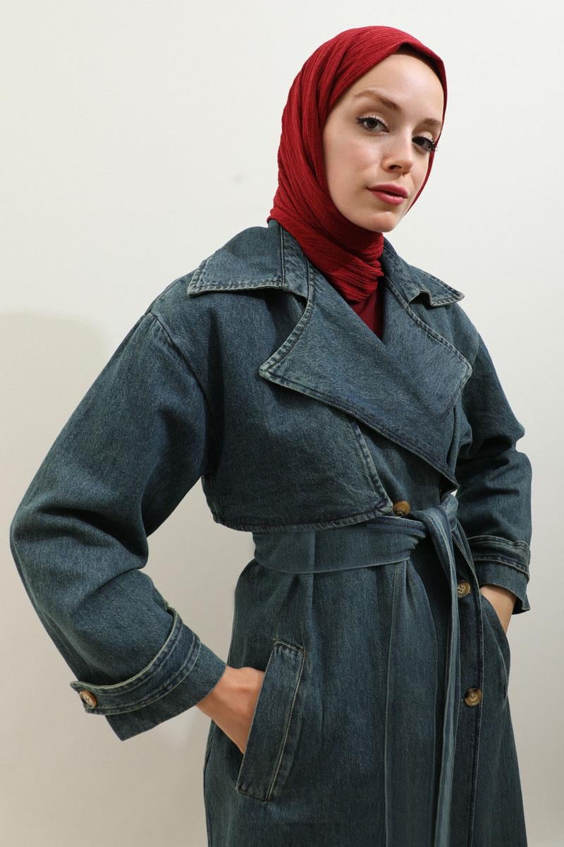 Oversize Denim Trençkot Koyu Mavi