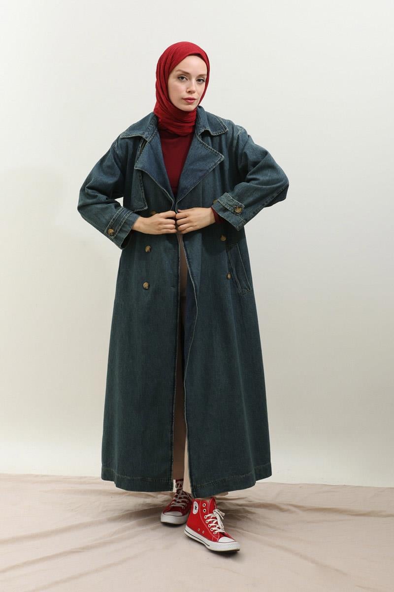 Oversize Denim Trençkot Koyu Mavi