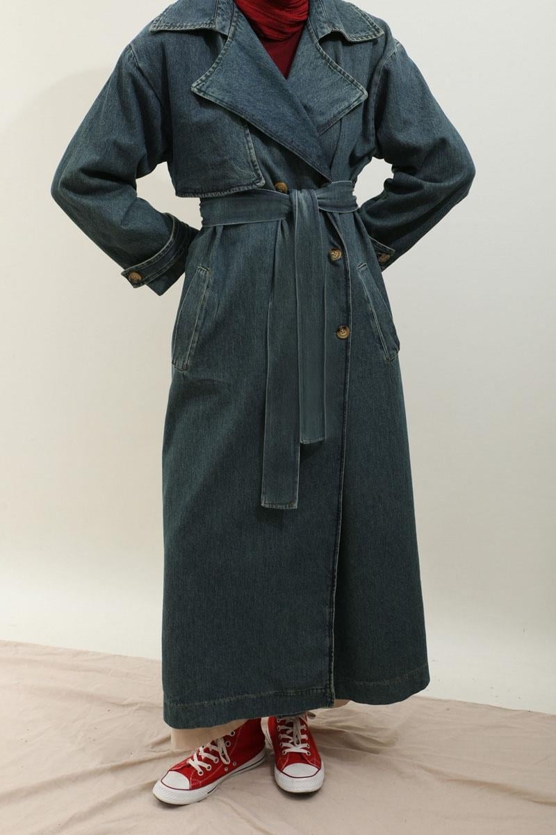 Oversize Denim Trençkot Koyu Mavi