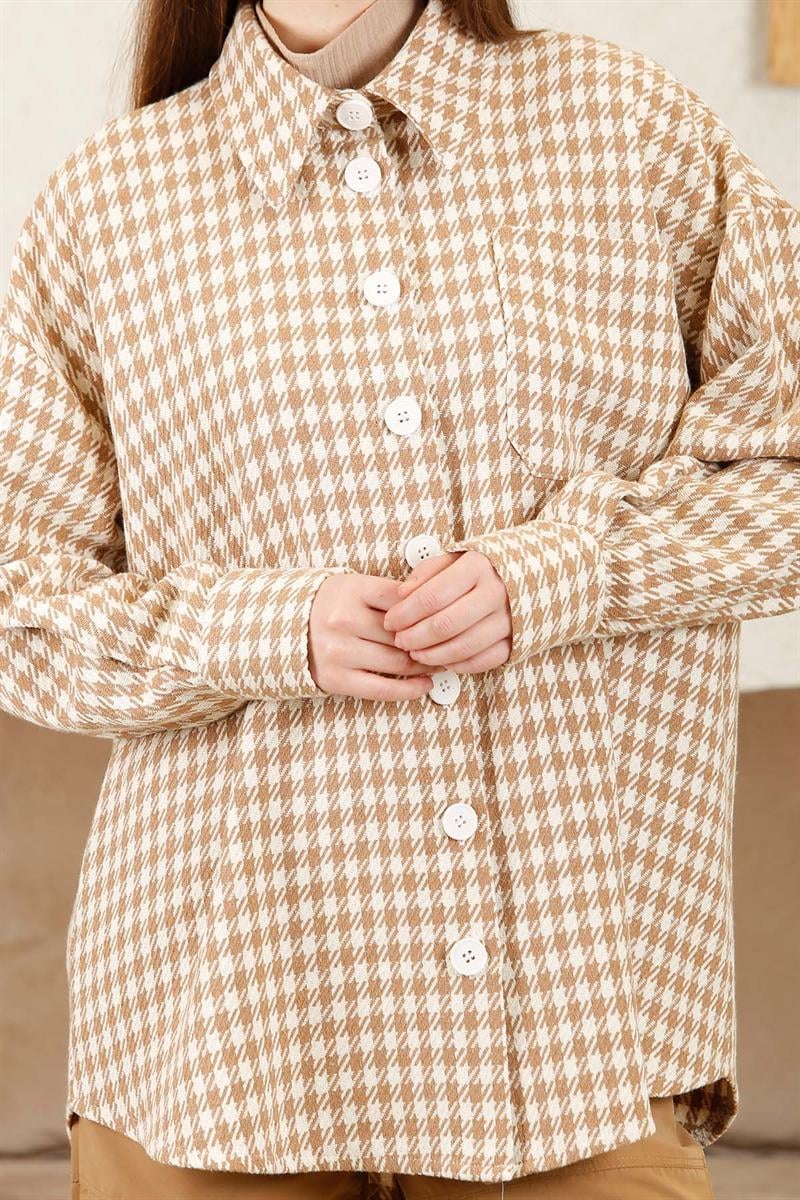 Pötikareli Oversize Gömlek Camel