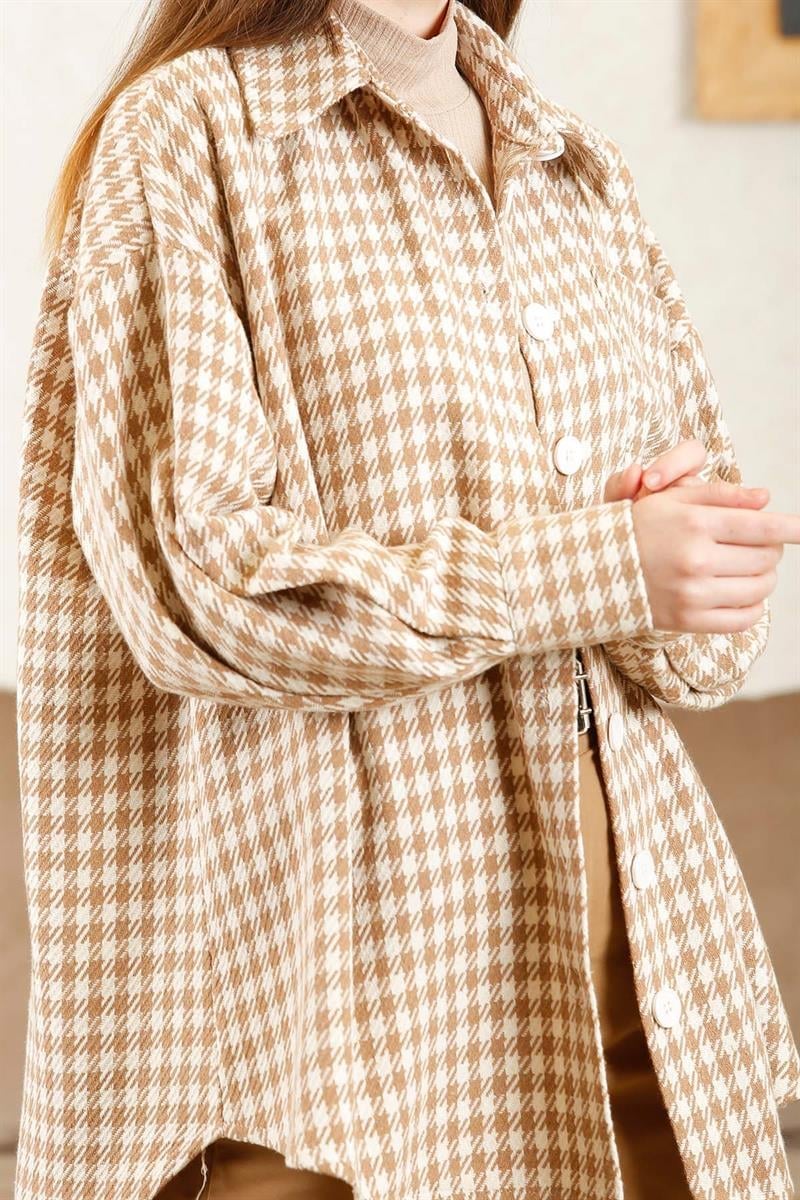 Pötikareli Oversize Gömlek Camel