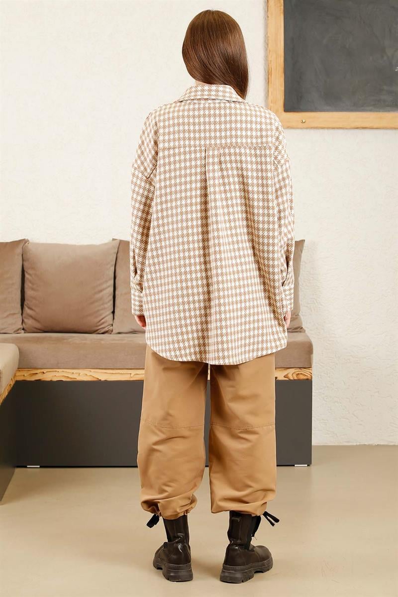 Pötikareli Oversize Gömlek Camel