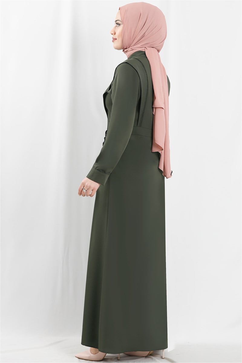 Robası Çiçek Nakışlı Haki Abaya