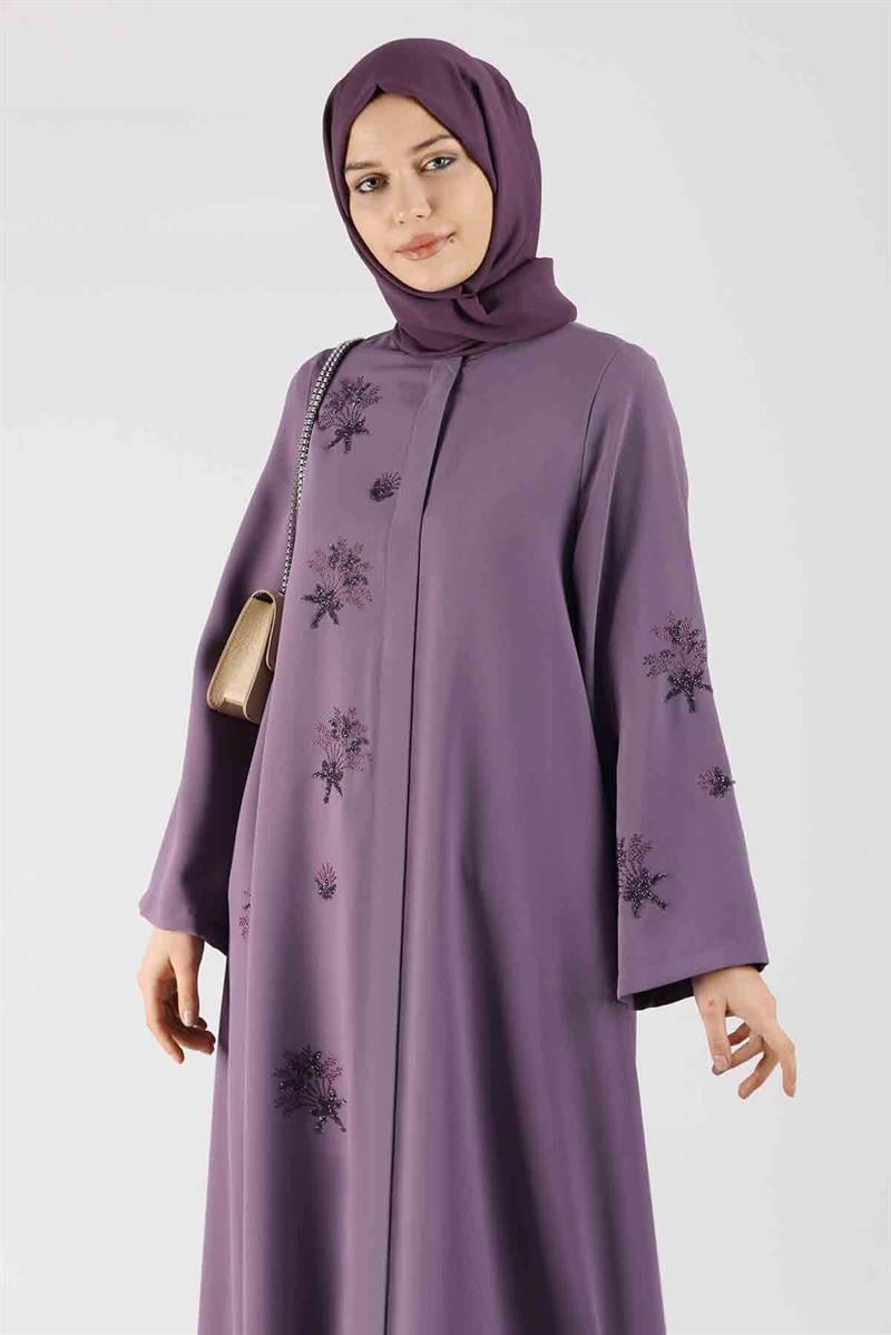 Taş Baskılı Abaya Mor