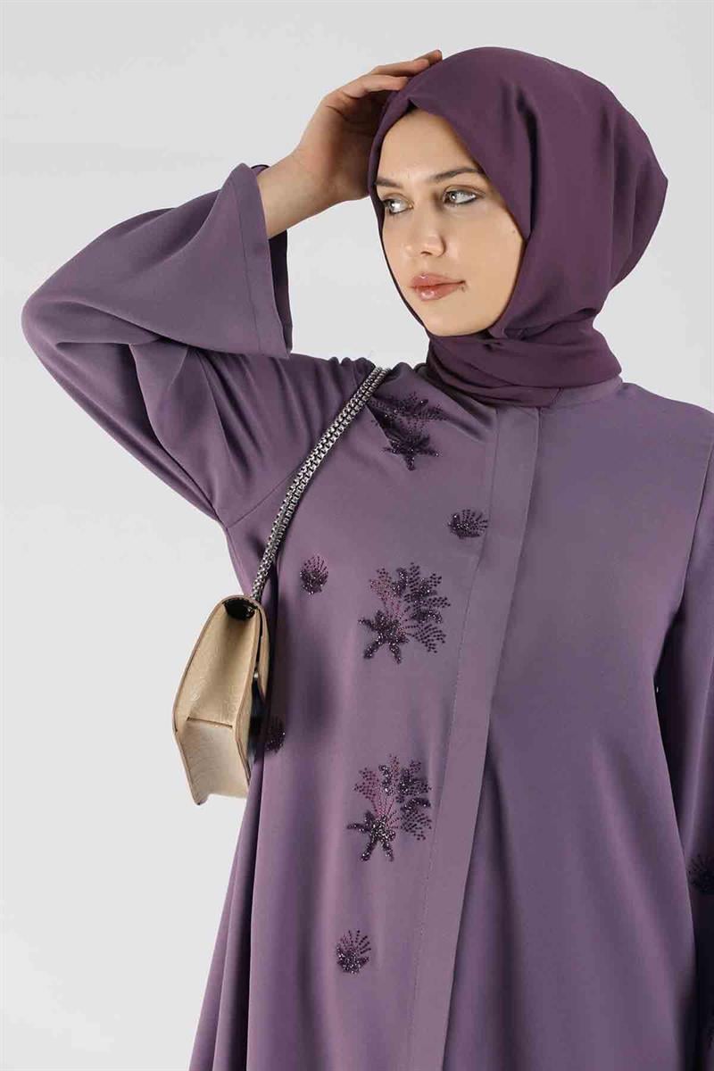 Taş Baskılı Abaya Mor