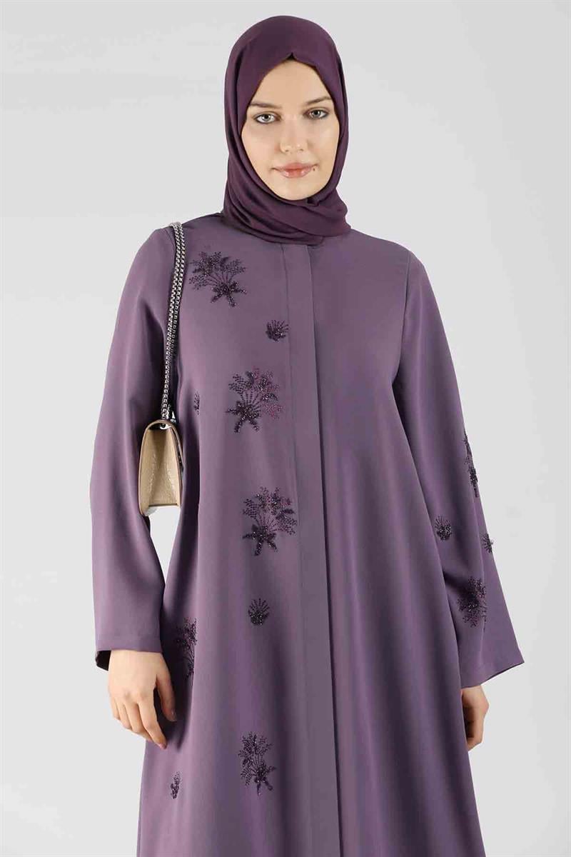 Taş Baskılı Abaya Mor
