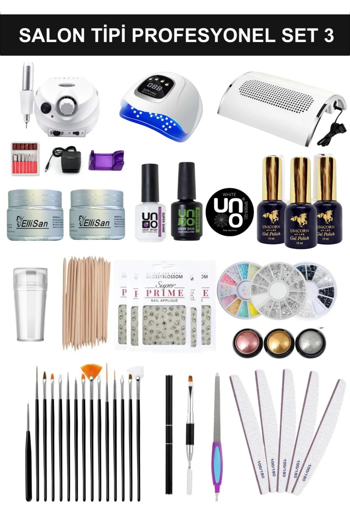 Kalıcı Oje - Protez Tırnak Seti Salon Set:3 (Makine + Jel + Süs + Fırça Full Parça)Kocaman Kozmetik
