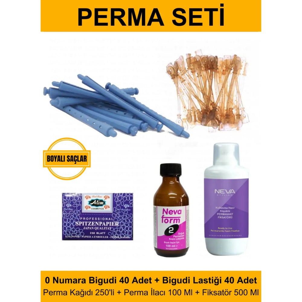 Perma Bigudi Tam Set No:0 Boyalı Saçlar (Bigudi + Lastik + Kağıt + İlaç + Fiksatör)Kocaman Kozmetik