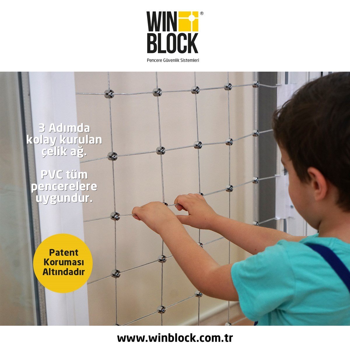 BÜYÜK BOY - WINBLOCK Çocuklar için Pencere Çelik Güvenlik Ağı – Yeni Nesil Pencere Korkuluk Sistemi