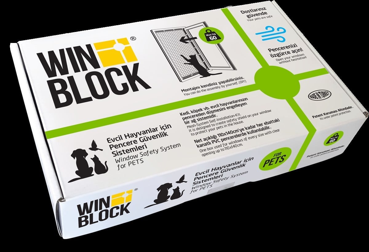 WINBLOCK PETS – Kediler için Pencere Güvenlik Ağı, Kedi Filesi Sistemi – ÇİFT KANAT KUTU
