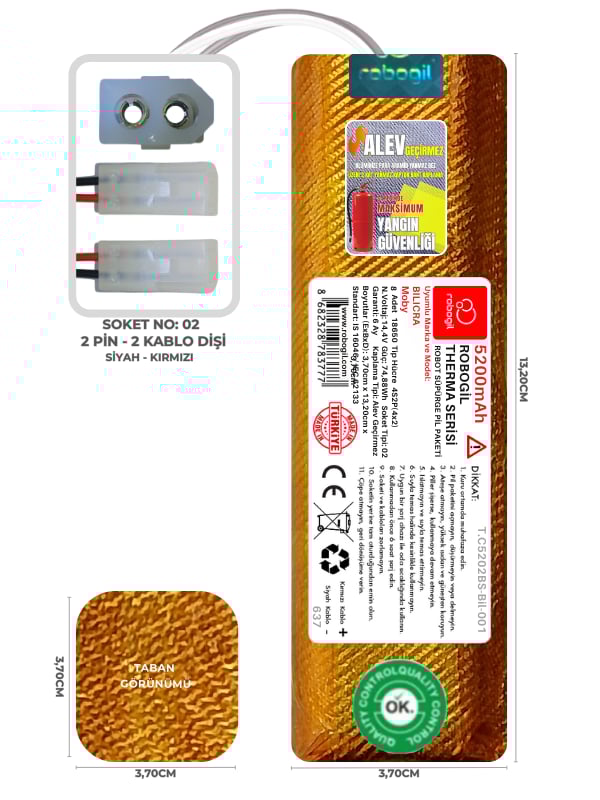 Bilicra Moby 5200mAh Therma Serisi Alev Geçirmez Kaplamalı Uyumlu Robot Süpürge Bataryası T.C5202BS-Bil-001 Sıra:637